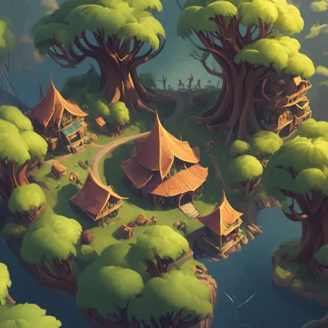 A close-up aerial view of a elven settlement built in the tree tops. A broad river surrounds the camp. It is a high-density residential zone with a crawling marketplace., a digital anime illustration.