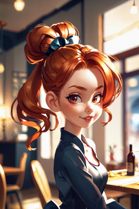 a cartoon girl with red hair sitting at a table in a restaurant