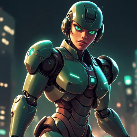 a close up of a woman in a futuristic suit with a city in the background