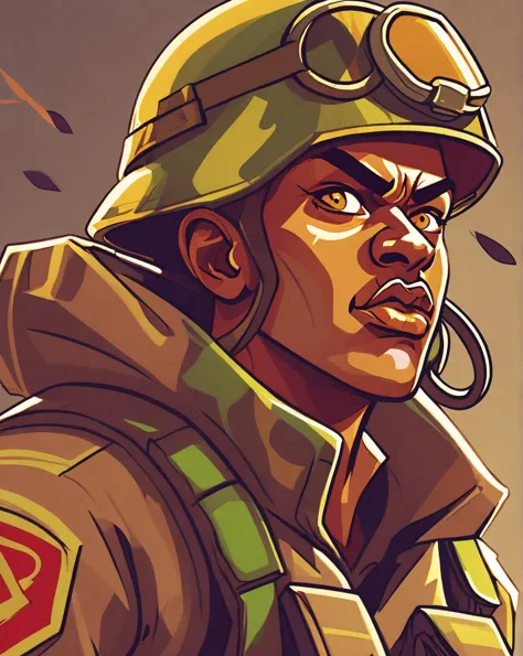 A portrait of an rebel marine rising above a futuristic battlefield, mud covers the Cool camouflage uniform and light protective gear, fearful facial expression, smoke and dust, a digital comic illustration.