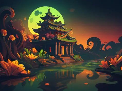 An ancient temple overgrown by Acid Green Vibrant flowers at night next to a wavy stream, the distorted reflection showing in the water, the moon casting eery shadows on the scene, a digital anime illustration.