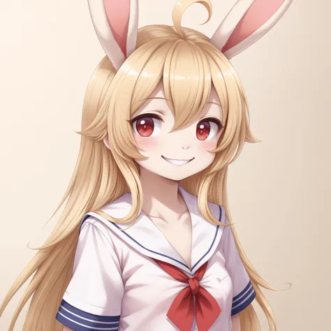 masterpiece, best quality, highres,  <lora:meat rabbit_LORA:1>  rabbit, 1girl, Smile, blond, very long hair, ahoge, red eyes, sailor_collar, school_uniform, simple interior, soft and even, warm colors, pleasant and friendly, facing forward