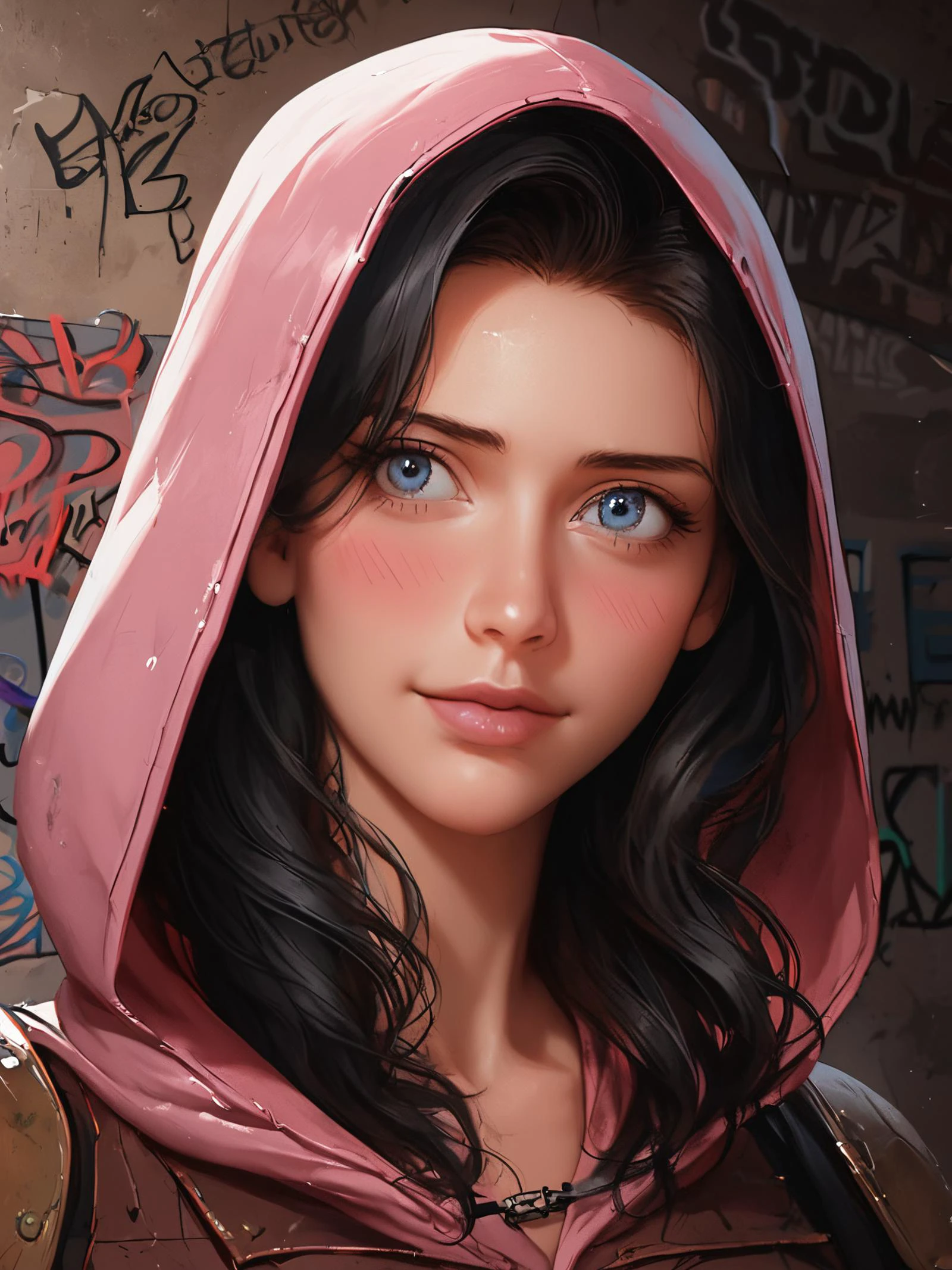 ððð score_9, score_8_up, score_7_up, rating safe, 
cute, sharp, beautiful face, black hair, long hair, pink allure, magical, close-up, 
BREAK
1girl, graffiti, ruin, apocalyptic survivor, ashes, extreme detailed face, (shiny skin:blush:0.7), 
hood, blushing, embarrassed, 
female focus, retro artstyle, best quality, masterpiece, beautiful, aesthetic, slim body, smiling, serious, bright blue eyes, extreme detailed, highest detailed, perfect face, halftone effect, 
concept art, realistic, colorful, complementary colors, 
studio quality, vivid magical colors, 
