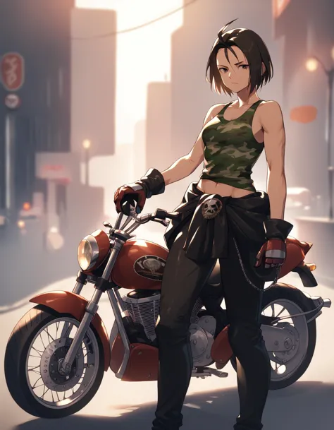 a woman in a tank top and black pants standing next to a motorcycle