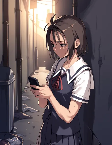 anime girl in uniform looking at her cell phone in an alley