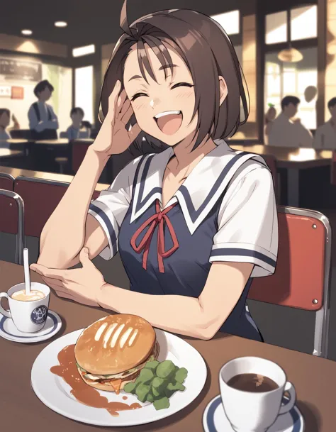 anime girl sitting at a table with a hamburger and a cup of coffee