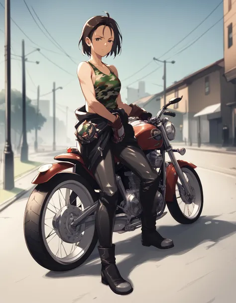 anime girl sitting on a motorcycle in the middle of the street