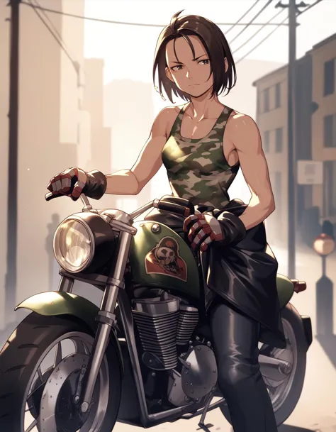 anime girl on a motorcycle in a city setting