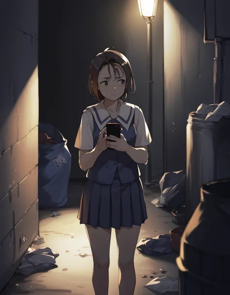 anime girl in a school uniform standing in a dark alley