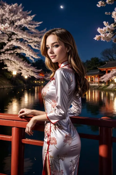 wearing a Cheongsam, shiny silk, floral design, looking at viewer, smirk, happy, medium shot, standing, outside, lake, night torii, fireworks, high quality, masterpiece, (sakura trees, cherry blossom), (paper lanterns, lunar new year) <lora:PerfectFullBreasts-fCV3.5:1.0>, <lora:more_details:0.8>, <lora:GoodHands-vanilla:0.8>,  <lora:margotrobbie_v2:0.8> margotrobbie