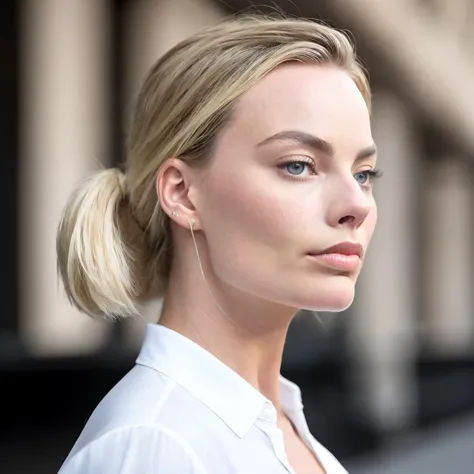 a close up of a woman with a ponytail in a white shirt