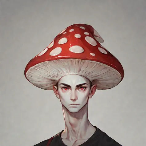 a close up of a person with a mushroom hat on