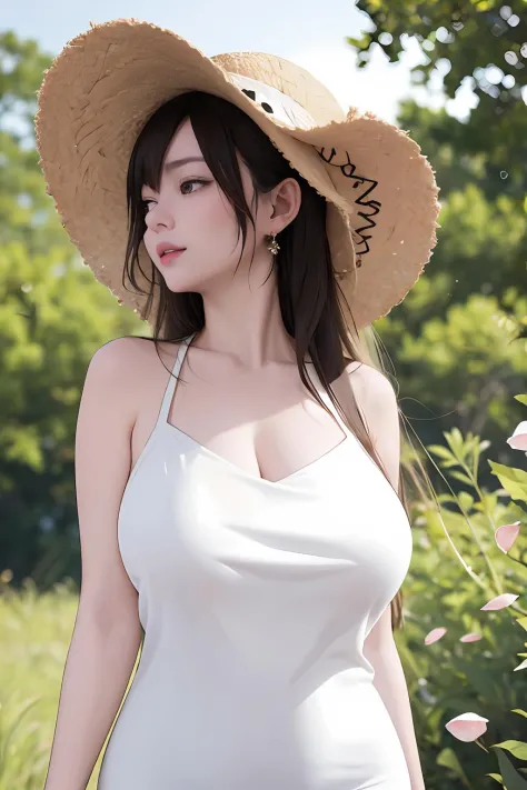 A woman wearing a straw hat and a white transparent dress with huge breasts and a translucent dress,beautiful and aesthetic,real...