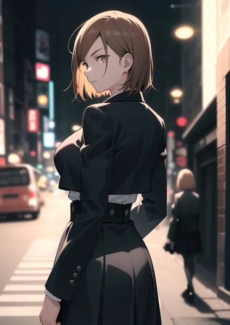 1girl,from back,look back,large breasts,aanobara,short hair, (black jacket:1.2), buttons, long sleeves, black skirt, high-waist skirt,black pantyhose,street,building,in shibuya,night,depth of field, very aesthetic, absurdres,film still,cinema lighting,from side,look at viewer<lora:kugisaki_nobara_v1:0.8:lbw=katou>