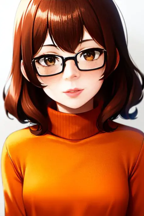 velma dace dinkley, 1girl, blush, breasts, brown_eyes, brown_hair, freckles, glasses, medium breasts, lips, looking_at_viewer, n...