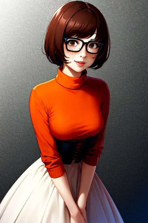 velma dace dinkley, 1girl, blush, breasts, brown_eyes, brown_hair, freckles, glasses, medium breasts, lips, looking_at_viewer, n...