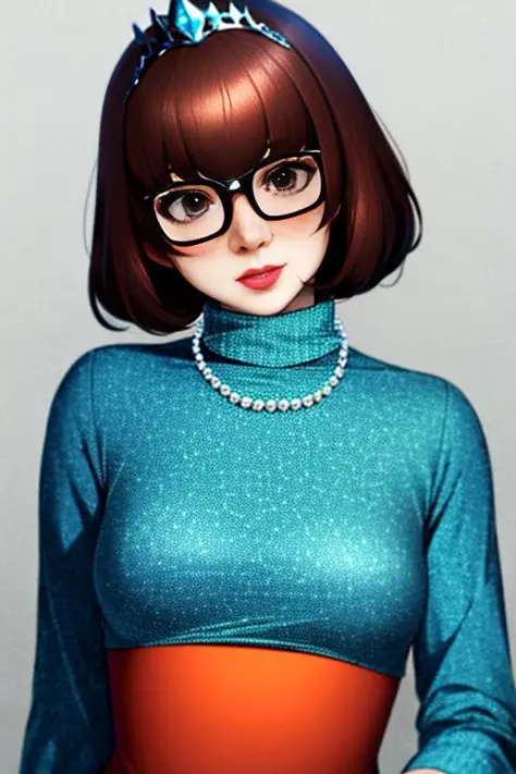 velma dace dinkley, 1girl, blush, breasts, brown_eyes, brown_hair, freckles, glasses, medium breasts, lips, looking_at_viewer, nose, orange_shirt, orange_sweater, short_hair, smile, sweater, turtleneck, turtleneck_sweater, style-princess