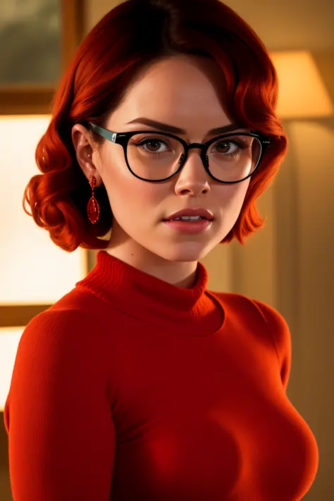 (Face-DaisyRidley:1.0) sexy portrait photo of real life Velma from Scooby Doo played by Daisy Ridley short red hair black rim glasses orange (sweater:1.1) zoom lens, (masterpiece) (best quality) (detailed) (8k) (HDR) (wallpaper) (cinematic lighting) (sharp focus) (intricate) <lora:velmaDinkleyLora_velmaV1:0.6>