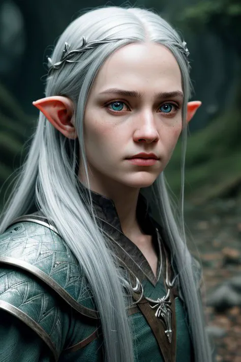 a woman with long white hair and blue eyes in a forest