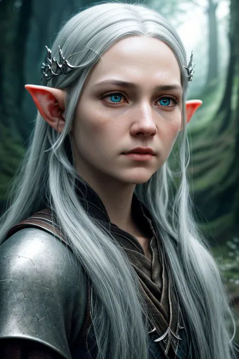 (detailed face, detailed eyes, clear skin, clear eyes), lotr, fantasy, elf, female, silver hair, looking at viewer, 3/4 body, photography, detailed skin, realistic, photo-realistic, 8k, highly detailed, full length frame, High detail RAW color art, piercing, diffused soft lighting, shallow depth of field, sharp focus, hyperrealism, cinematic lighting