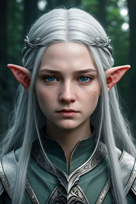 a woman with long grey hair and blue eyes wearing a elf costume