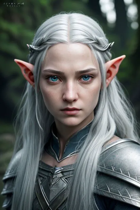 a woman with long white hair and blue eyes wearing a silver elf costume