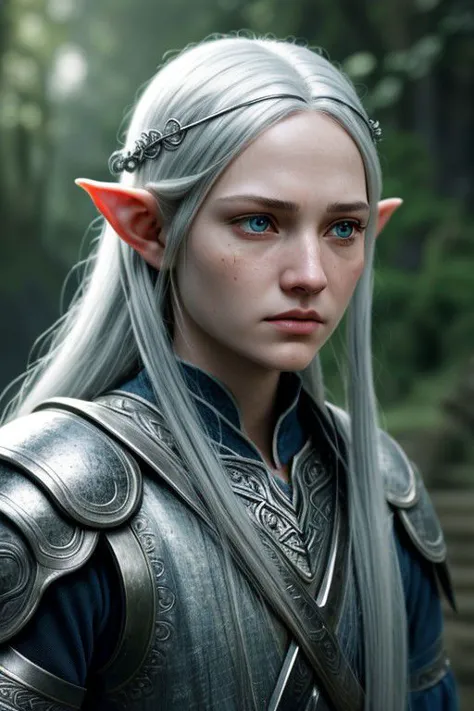 (detailed face, detailed eyes, clear skin, clear eyes), lotr, fantasy, elf, female, silver hair, looking at viewer, 3/4 body, photography, detailed skin, realistic, photo-realistic, 8k, highly detailed, full length frame, High detail RAW color art, piercing, diffused soft lighting, shallow depth of field, sharp focus, hyperrealism, cinematic lighting