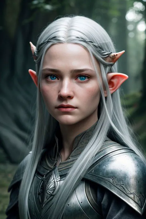 a woman with blue eyes and horns in a forest