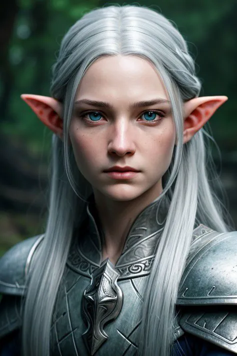 a woman with long gray hair and blue eyes wearing a silver armor