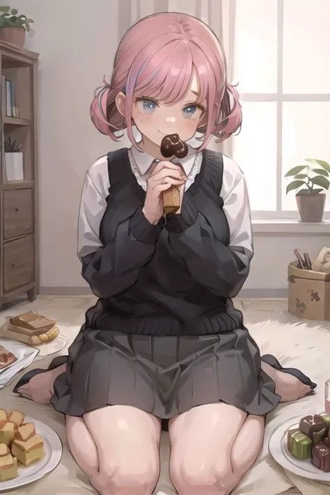 anime girl sitting on the floor eating a donut and eating dessert