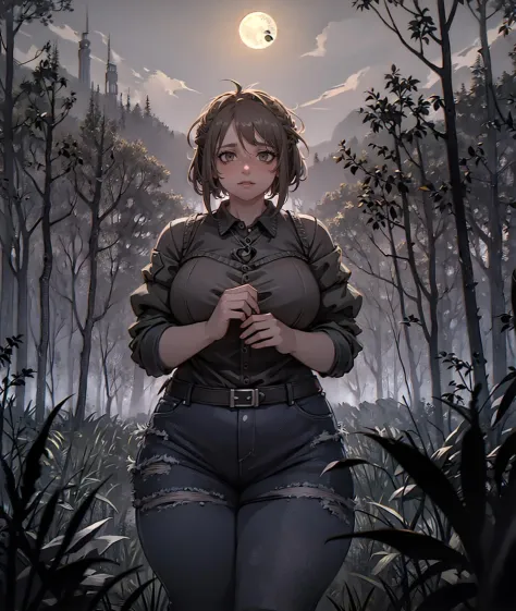 <lora:symodel-3-0-a3-lyco-extract:1> 
masterpiece, volumetric lighting, (art by Tashoelle:0.6), (art by Lazorchef:0.5), (Daniel Ridgway Knight art style:1.2),
solo, 1girl,
fat, clothed midsection, collared shirt, jeans, night, moon, forest, cowboy shot, wide hips