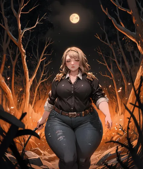 a woman in jeans and a black shirt is walking through a forest