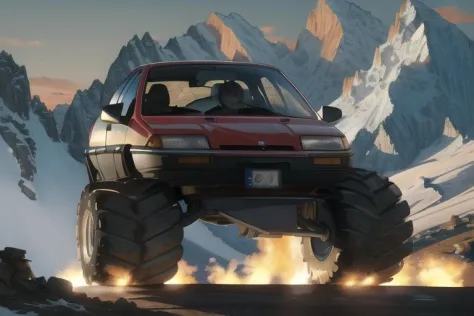 masterpiece, best quality,  highres, very detailed, monster truck, peugeot 205,  4x4,  in the street, lights, sci-fi, futuristic, fun, 4 wheels, in mountain, crushing cars  