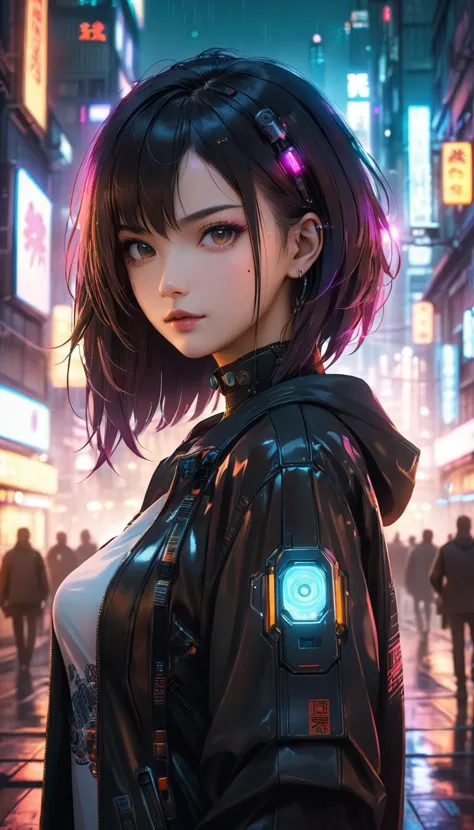 cyberpunk,masterpiece,best quality,city,1girl,looking at viewer,bokeh,