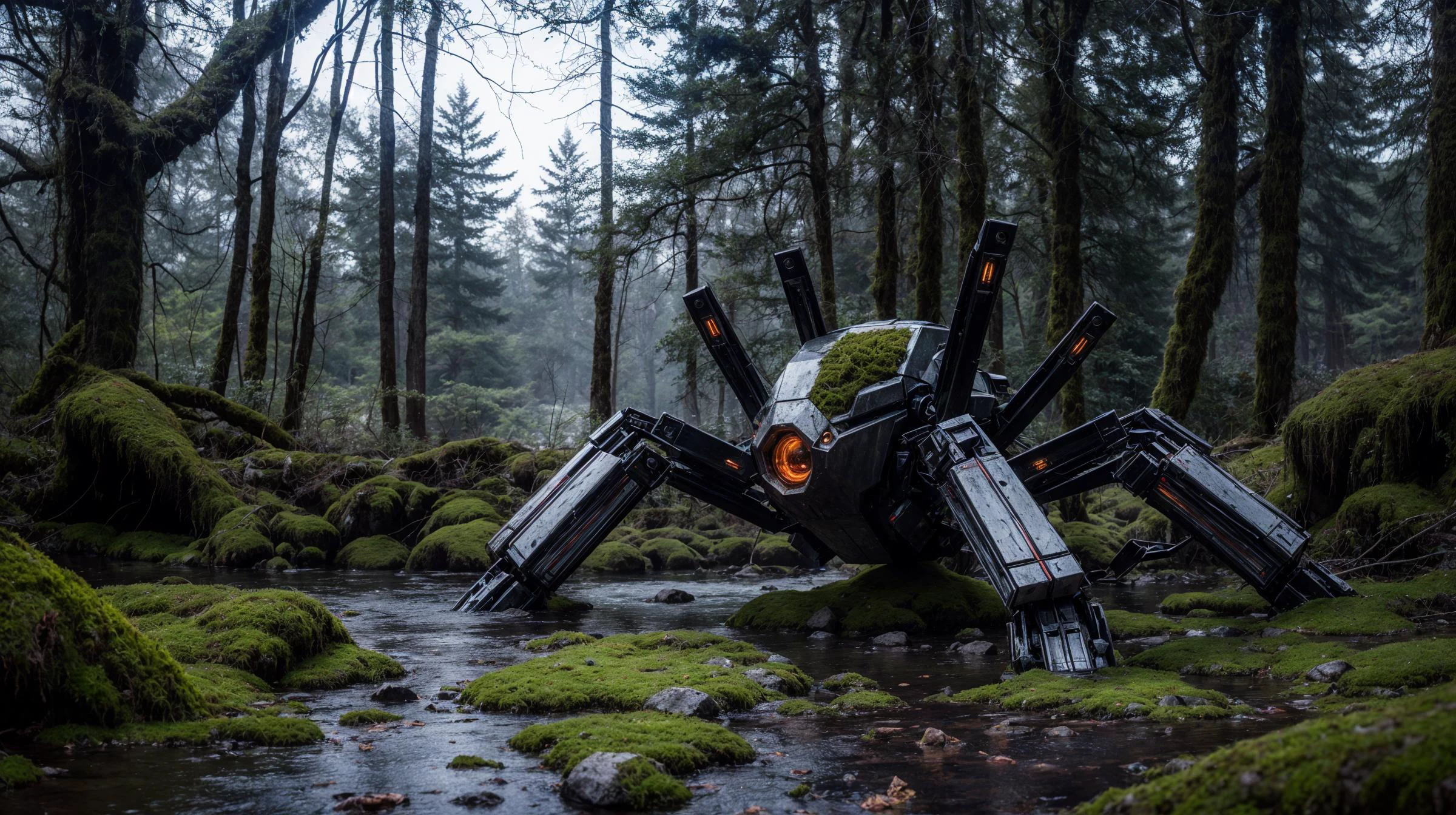 fotografía de metal gigante (Robot araña:1.3), abandonado,( cubierto de musgo:1.3), Tema oscuro, iluminación plana, (Saturación suave:1.2), estilo analógico, 