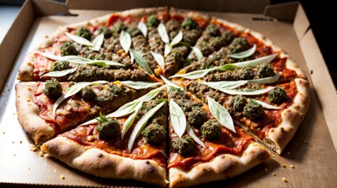 arafed pizza with meat and herbs on a cardboard box