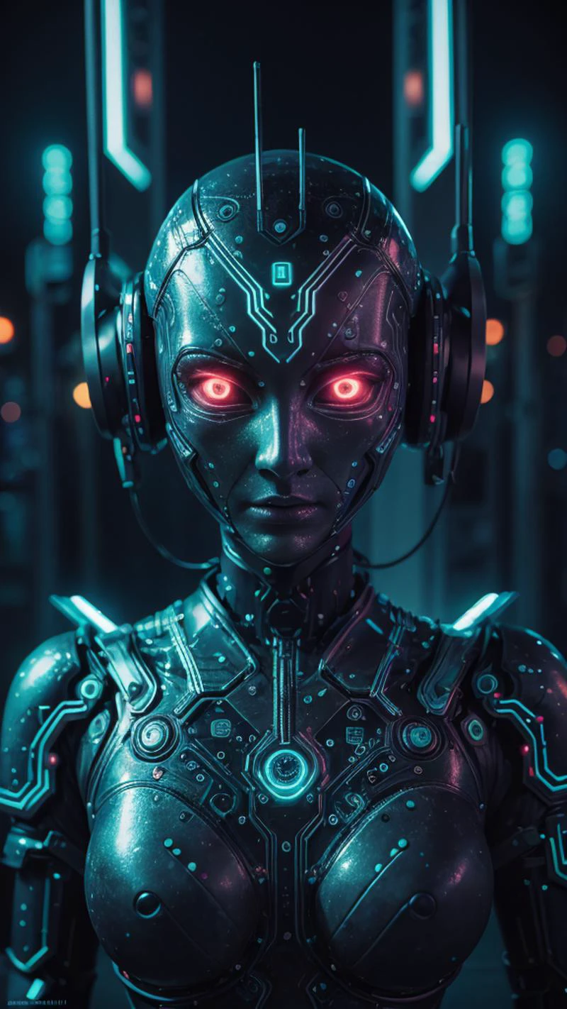 (fechar-se:1.2) (macro:1.1) fotografia de robô futurista feminino, Luz neon abstrata, brilhante, (CircuitBoardAI:1.3) cores de estanho pastel BREAK fundo escuro vazio simples