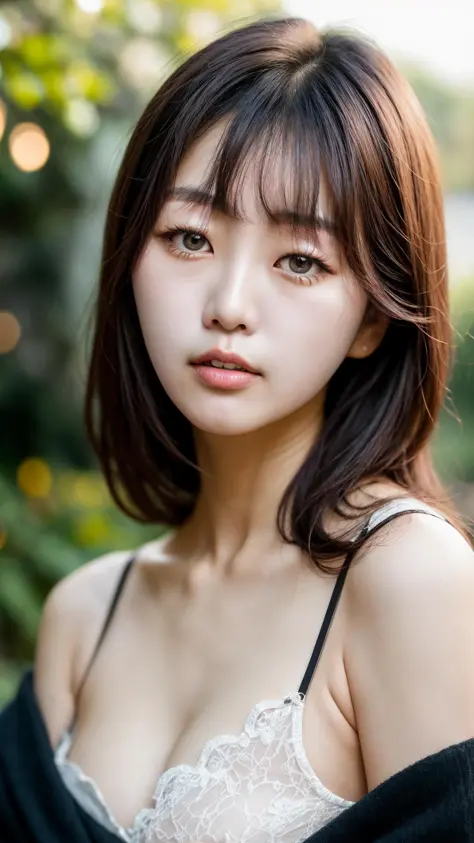 Raw photo of a (South Korean Woman:1.3), off-shoulder, cleavage, hand behind, (looking at viewer:1.1), detailed face, sharp focus, Best quality, 8k, ultra realistic, Masterpiece, Canon Eos 5D, Zeiss lens, garden, morning light,