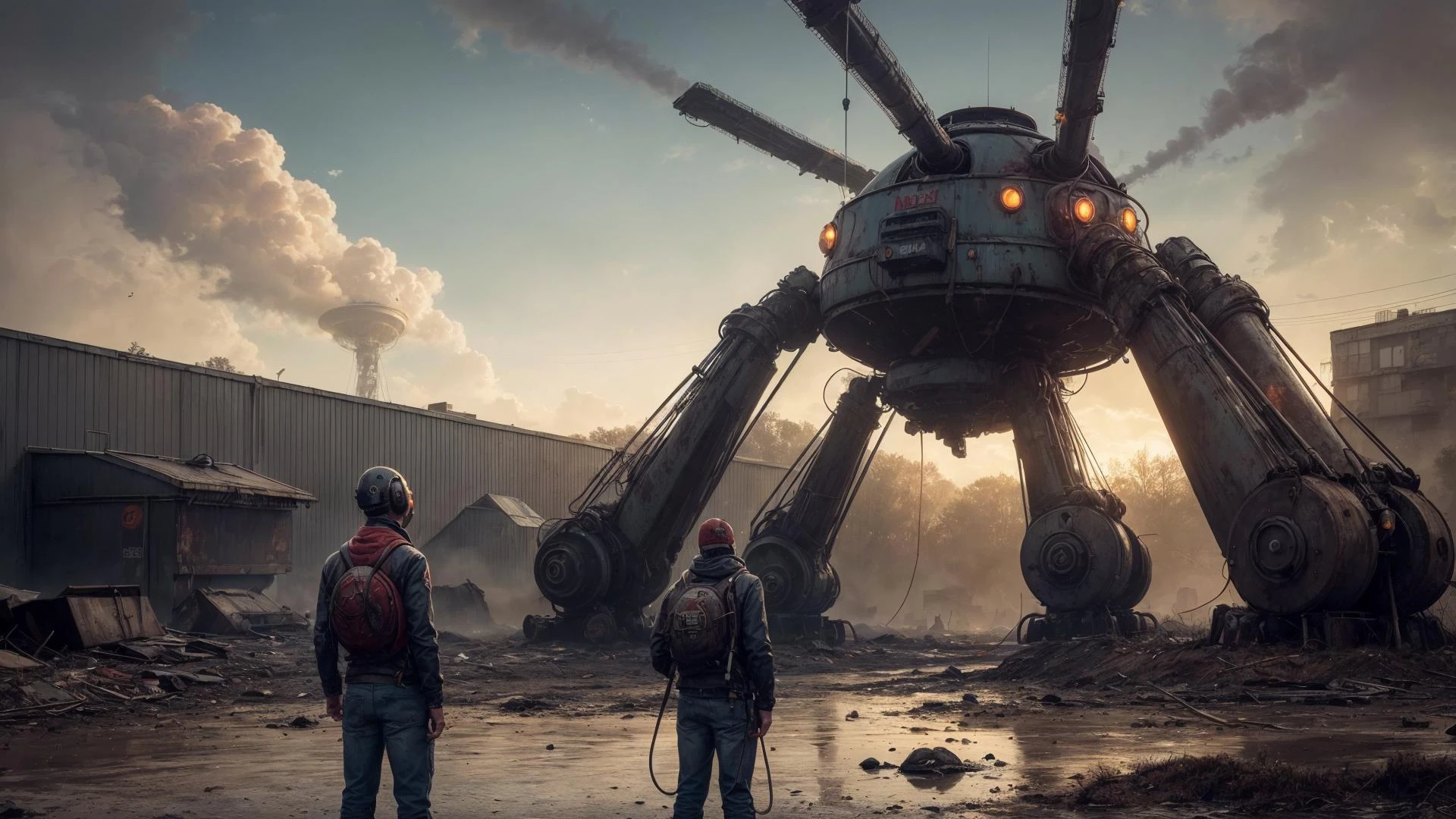 (style of Simon Stalenhag:1.3), painting of (huge large:1.3) (metal:1.3) spider, in apocalypse, realistic, COVER ART, 