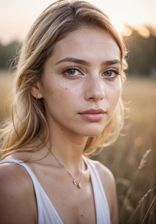 photography of (midlife Israeli  woman:1.3), skin imperfections, (clear eyes:1.2), (closed mouth:1.3), (looking at viewer:1.3), wearing white, on grass field, in golden hour, flat lighting, (soft saturation:1.2), analog style,