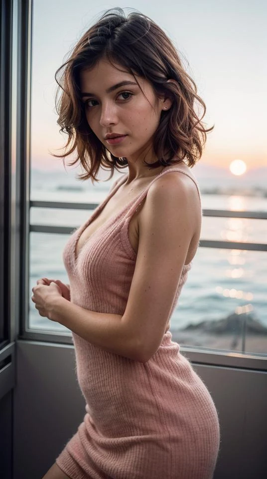 (close-up:1.2) photography of (Romanian  girl:1.3), (30 years old:1.2), short pink hair, (looking at viewer:1.2), posing, at night,dusk,foggy,sunset}, wearing (pastel sexy cashmere:1.2), cleavage, wearing elegant dress, flat lighting, (soft saturation:1.2), analog style,