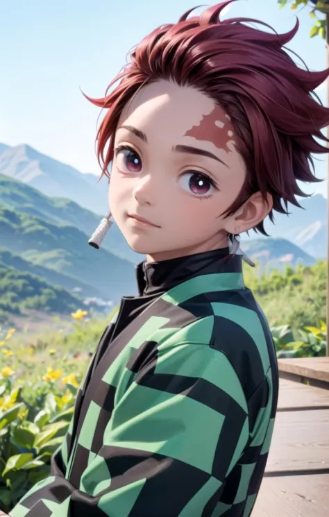 (one 14-year-old boy:1.2),(male face details:1.2),more details in eyes,cute,looking at viewer, face,details sky,handsome,young,juvenile,((masterpiece:1.4,best quality)),multiple details, eyeshadow,sfw, full shot, green valley,
(TANJIRO), (ORIGINALOUTFIT), (SCAR,SCAR ON FOREHEAD, CHECKERED CLOTHES, 1BOY, RED HAIR),green and black clothes, high res, ultra detailed character,