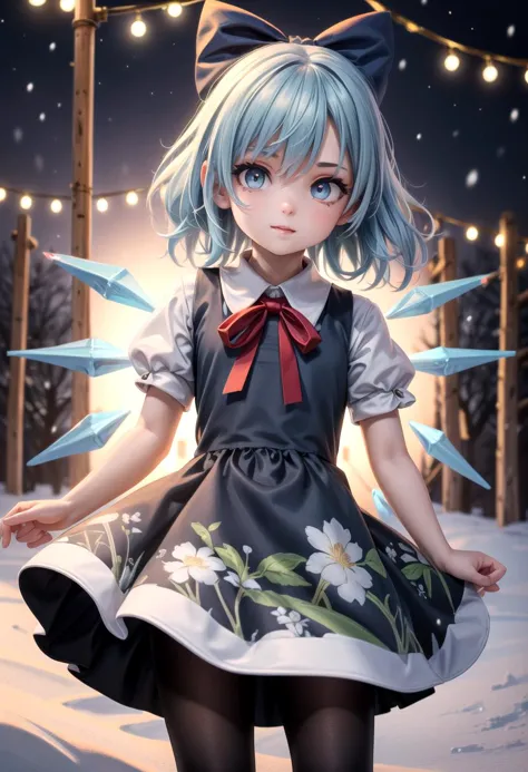 (masterpiece:1.2), best quality, high resolution, unity 8k wallpaper, (illustration:0.8), (beautiful detailed eyes:1.6), extremely detailed face, perfect lighting, extremely detailed CG, (perfect anatomy), 
1 girl,cute,(looking at viewer:1.0), adorabel girl,cute face,details sky,handsome,young,juvenile, multiple details,eyeshadow,sfw, (medium shot:1.5), gradiant eyes, hazel eyes, (long black lycra pantyhose:1) lora:add_detail:0.8>, <lora:more_details:0.4>, <lora:cirno:0.8>, snowy forest, (night:1.2), frosted trees blue hair,hair bow,(blue dress:1.4),short sleeves, ice wings,red bowtie,cirno