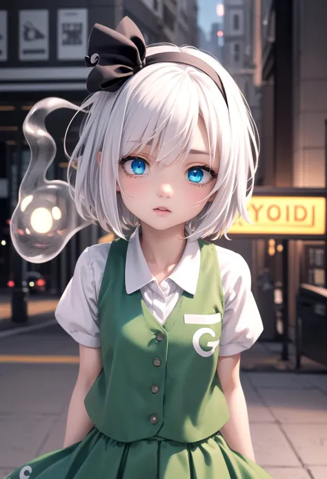 <lora:youmu-mver:0.7> 1girl, white hair,short hair,hair ribbon,hairband, green eyes,bow,white shirt,green vest,green skirt, || konpaku youmu (ghost),
city
(masterpiece:1.2), best quality, high resolution, unity 8k wallpaper, (illustration:0.8), (beautiful detailed eyes:1.6), extremely detailed face, perfect lighting, extremely detailed CG, (perfect anatomy),