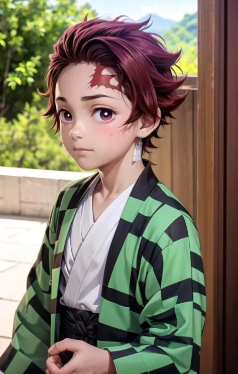 (1 boy:1.2),(male face details:1.2),more details in eyes,cute,looking at viewer, face,details sky,handsome,young,juvenile,((masterpiece:1.4,best quality)),multiple details, eyeshadow,sfw, full shot, green valley,
<lora:Tanjiro:0.7> (TANJIRO), (ORIGINALOUTFIT), (SCAR,SCAR ON FOREHEAD, CHECKERED CLOTHES, 1BOY, RED HAIR),<lora:add_detail:0.2>, green and black clothes, high res, ultra detailed character,