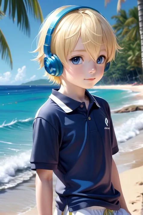 aoki, 1boy, masterpiece, ultra detail, forest, (blue eyes:0.5), (polo shirt:1.3), short pants, blonde hair, sea, beach, headphones,
sparkling eyes,
 (side profile:1.6)