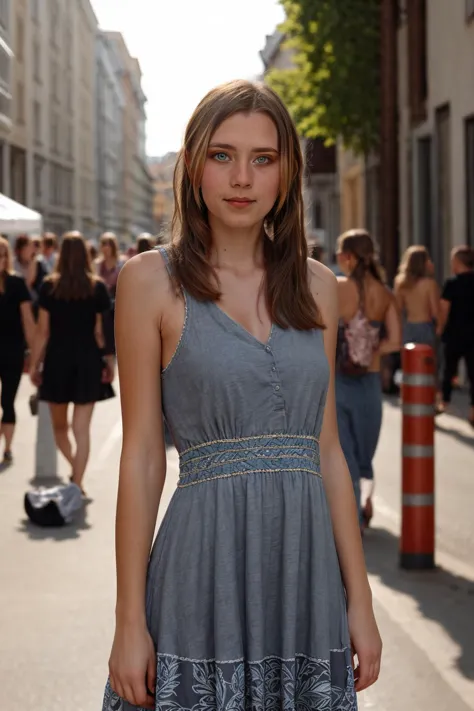 <lora:Genine:0.8>, full color portrait of a young woman, wearing a summer dress, in a crowded kyiv street, smile, natural light, RAW photo, subject, 8k uhd, dslr, soft lighting, high quality, film grain, Fujifilm XT3