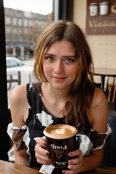 arafed woman holding a cup of coffee in front of a window