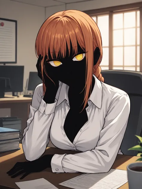 anime girl with red hair and black eyes sitting at a desk