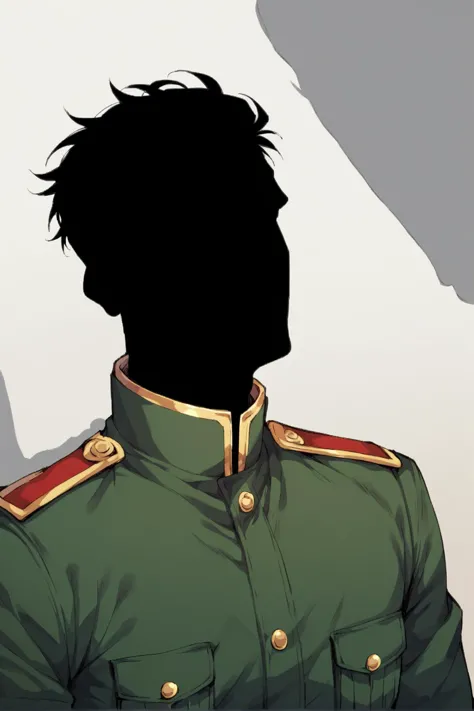 <lora:ShadowPerson-000004:1>, ShadowPerson, colored skin, black skin, black hair, faceless, silhouette, man, wearing military outfit,, score_9, score_8_up, score_7_up,